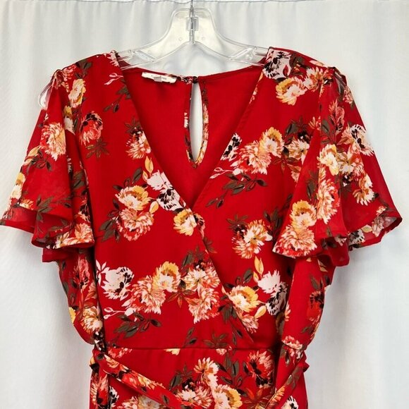 Maurices Womens A Line Dress Red Multicolor Floral Faux Wrap Short Sleeve S - Picture 8 of 10